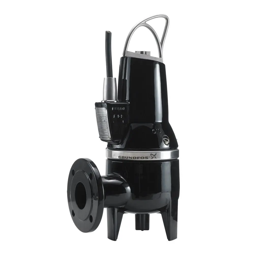 Schwarze Grundfos-Tauchmotorpumpe mit seitlichem Anschluss, kabelgebunden und mit Statusanzeige. Robust und für den Einsatz in Flüssigkeiten konzipiert.